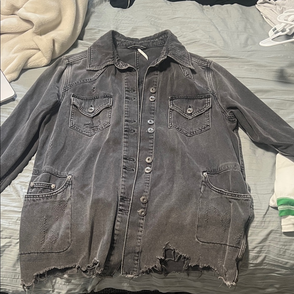 Free People Distressed Gray Denim Jacket